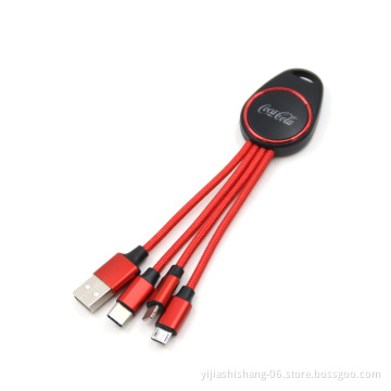 Yijiashishang Hot Sale Promotion gifts Portable 3 in 1 LED Light up logo keychain usb charger cable for Micro usb,iPhone and Type-C